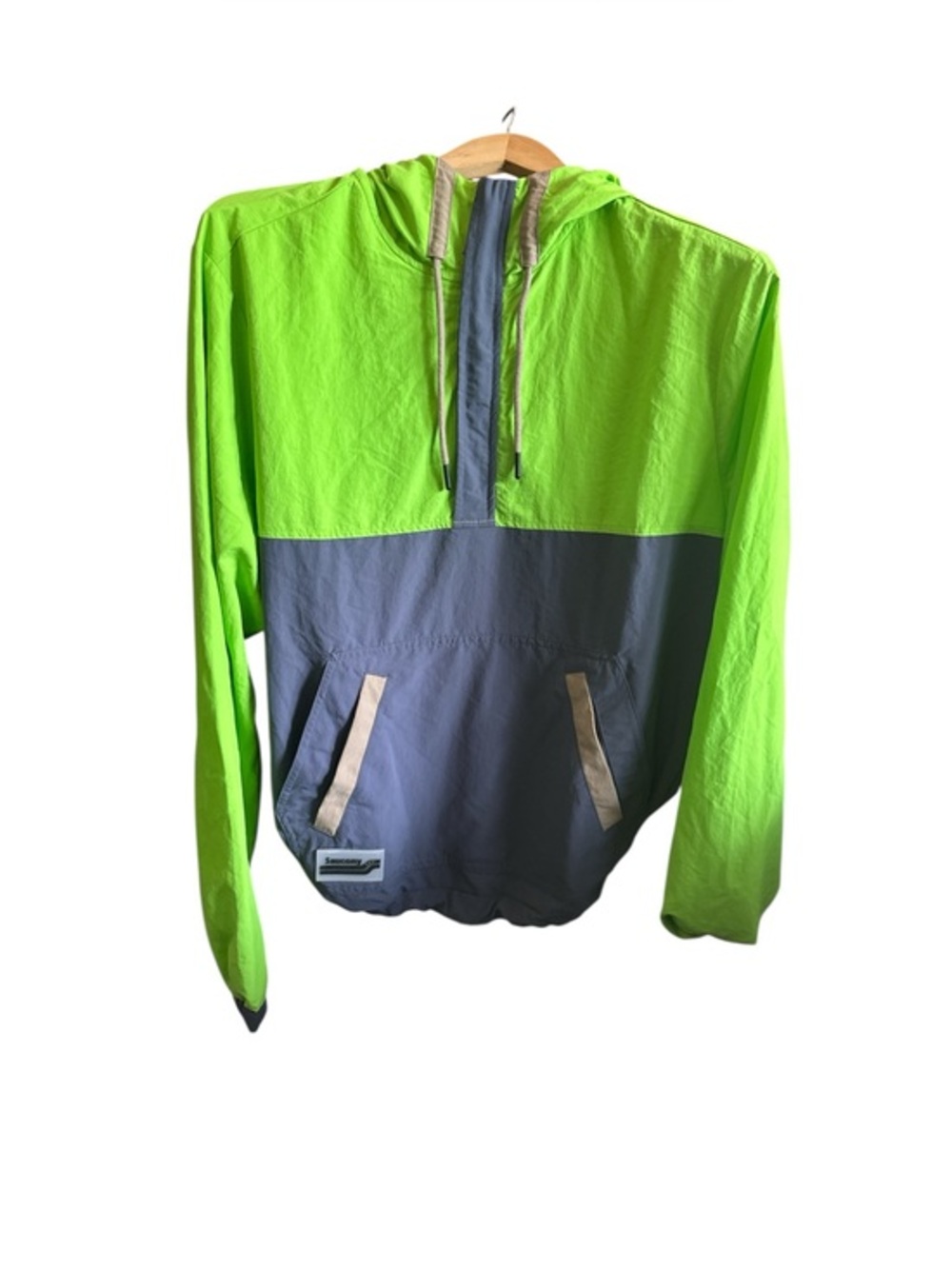 Saucony Neon Green & Slate Windbreaker Half-Zip Anorak Lightweight Hiking Jacket